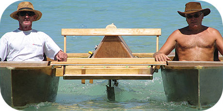 >>> Two adults testing the new MK II Cruzicat pedal boat - run&acute;s fine ;-)